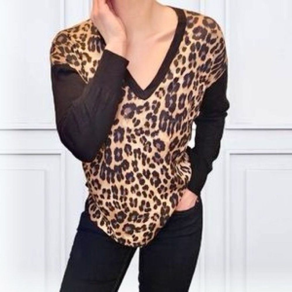 ZARA Knit Leopard Animal Print V-Neck Top Chiffon Front Sweater Back